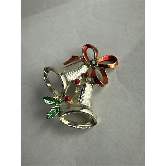 Vintage Gold Tone Enamel Brooch Pin Christmas Bells Seed Bead Rhinestone Bow - Picture 2 of 6